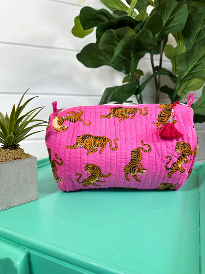 Quilted Pink Tiger Print Makeup Bag | Cosmetics Toiletry Bag