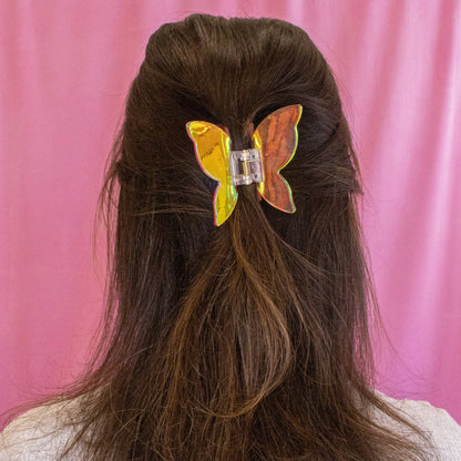 Medium Iridescent Checkered Butterfly Hair Claw Clip: Black