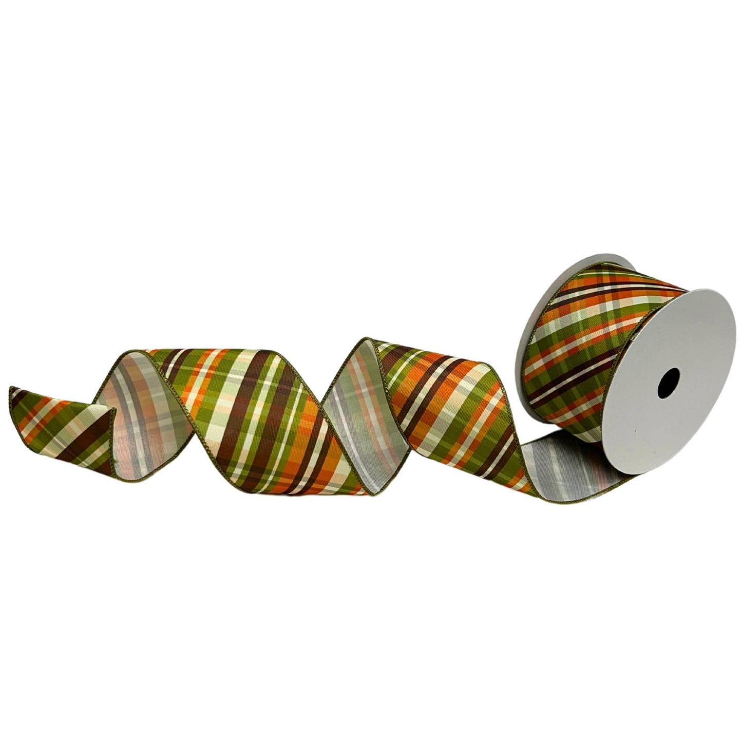 AUTUMN ROAD STRIPE PLAID RIBBON - BROWN/GREEN/ORANGE 2.5"