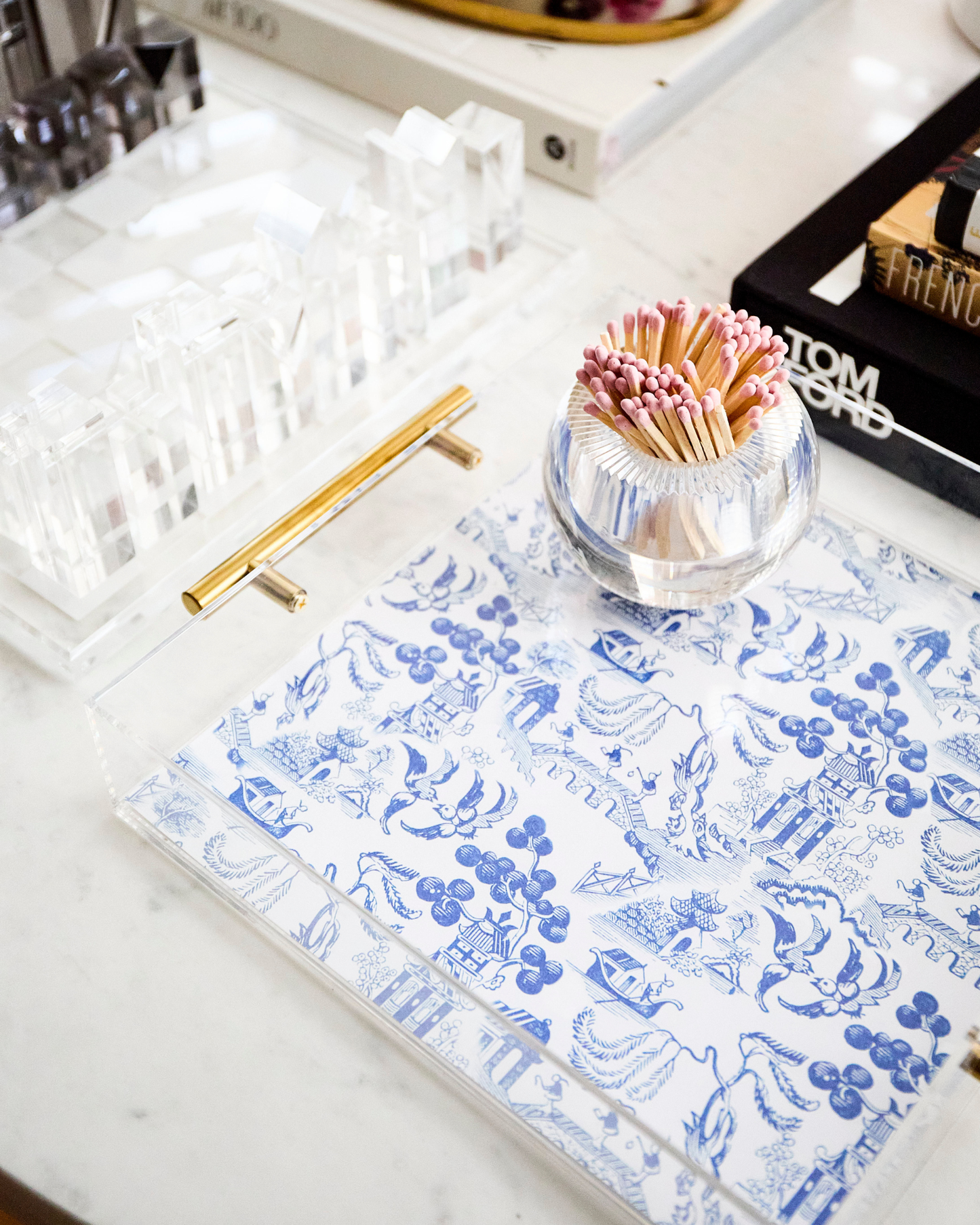 Chinoiserie Print Acrylic Tray With Gold Handles