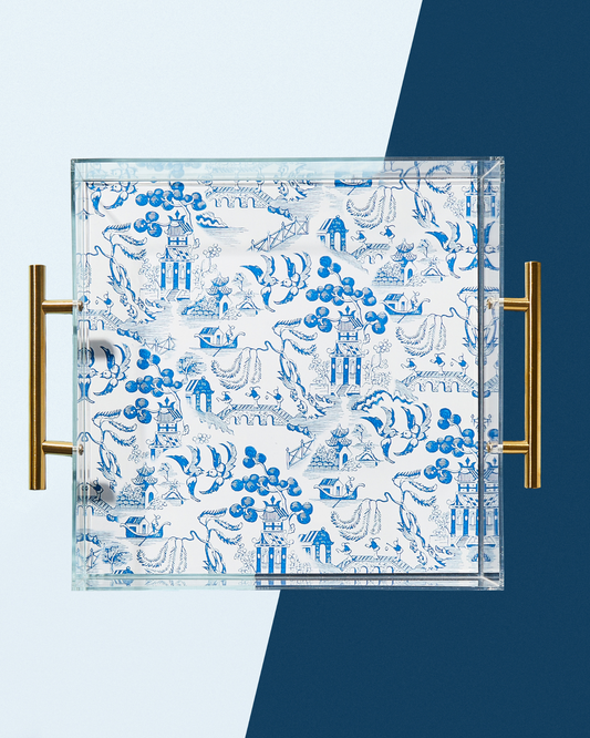 Chinoiserie Print Acrylic Tray With Gold Handles