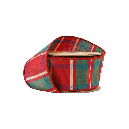 Wired Dupioni Ribbon Red/Green/Gold Plaid Check 10 Yard Roll