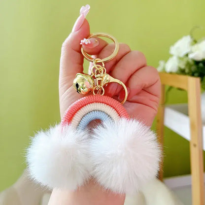 Rainbow Keychain with Fuzzy Balls: Pink