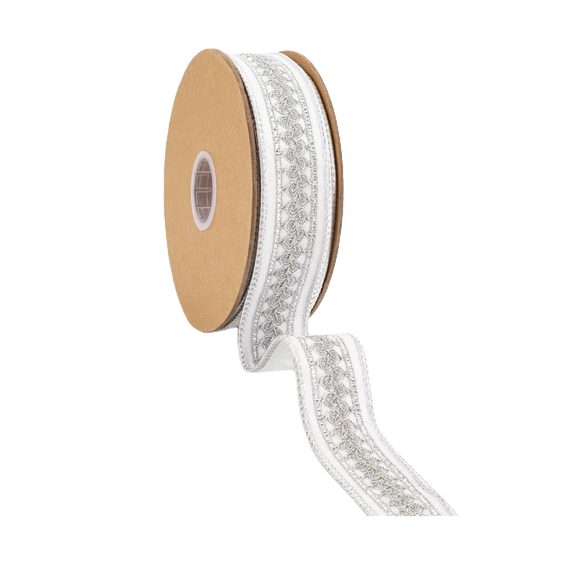 1 1/2" Double - Fused Wired Velvet Ribbon w/ Metallic Trim | White/Silver | 10 Yard Roll - Bria Blair Creative