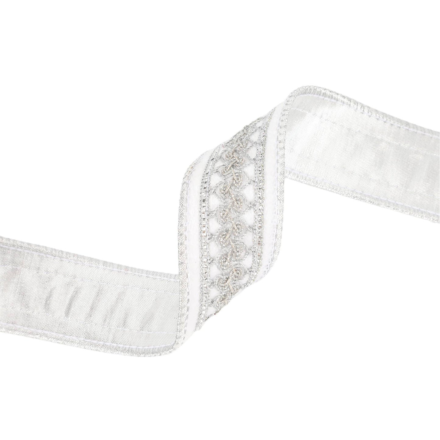 1 1/2" Double - Fused Wired Velvet Ribbon w/ Metallic Trim | White/Silver | 10 Yard Roll - Bria Blair Creative