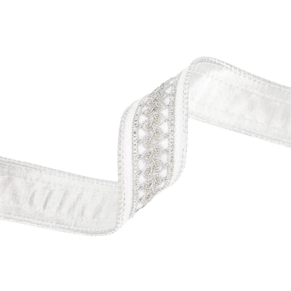 1 1/2" Double - Fused Wired Velvet Ribbon w/ Metallic Trim | White/Silver | 10 Yard Roll - Bria Blair Creative