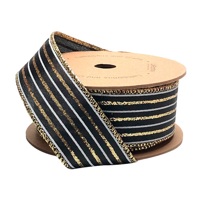 1 1/2" Wired Ribbon | "Glitter Striped" Black/White/Gold | 10 Yard Roll - Bria Blair Creative