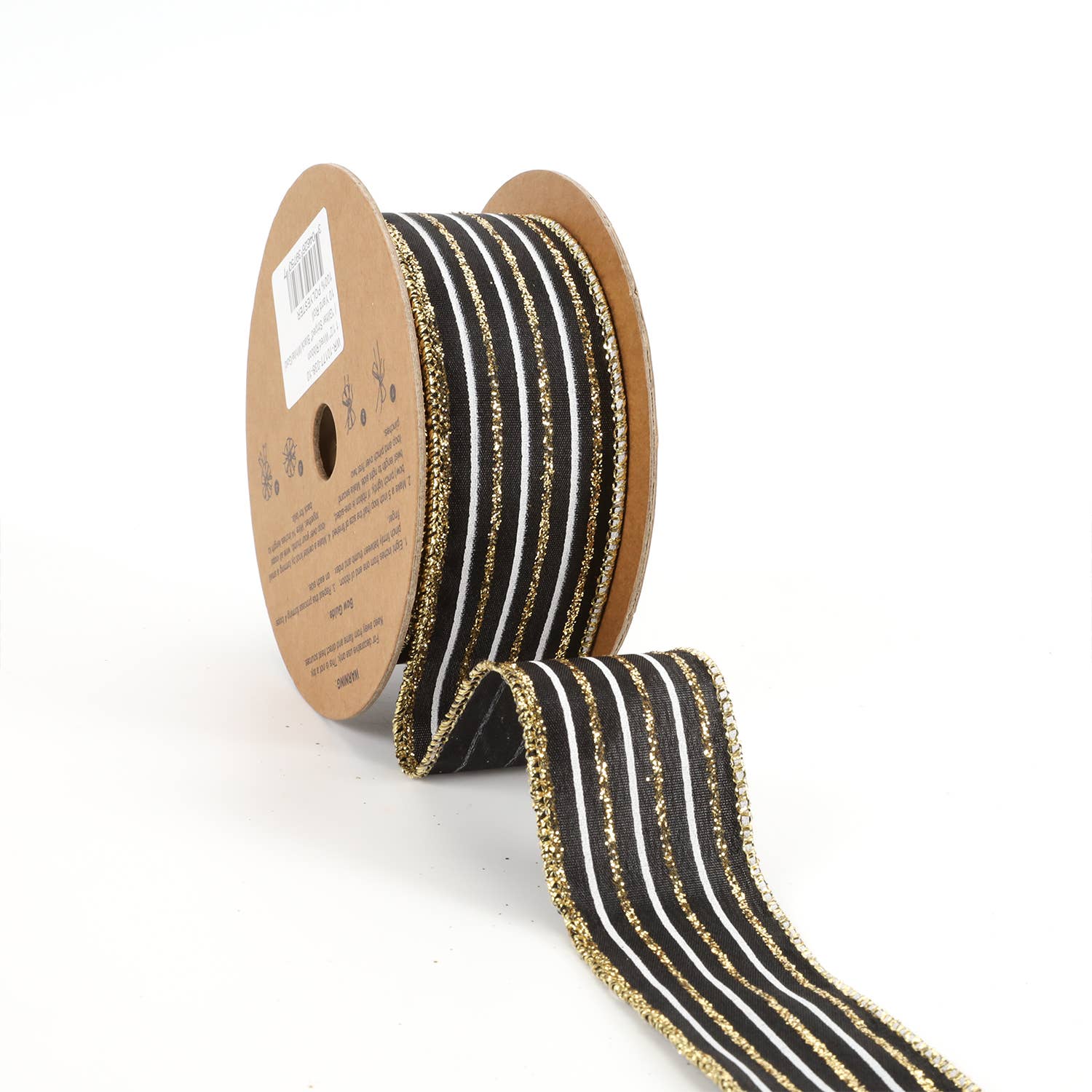 1 1/2" Wired Ribbon | "Glitter Striped" Black/White/Gold | 10 Yard Roll - Bria Blair Creative