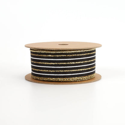 1 1/2" Wired Ribbon | "Glitter Striped" Black/White/Gold | 10 Yard Roll - Bria Blair Creative