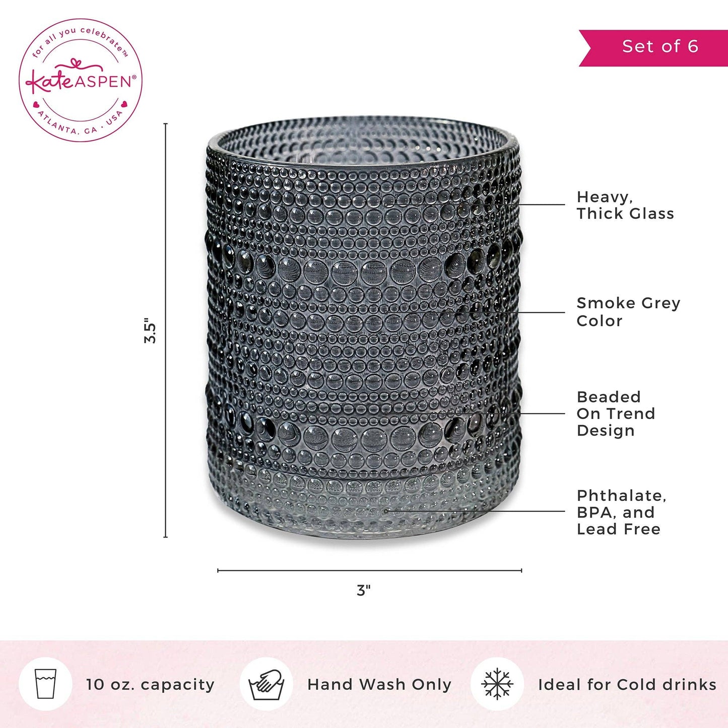 10 oz. Textured Beaded Smoke Grey Old Fashion Drinking Glasses (Set of 6) - Bria Blair Creative