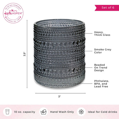 10 oz. Textured Beaded Smoke Grey Old Fashion Drinking Glasses (Set of 6) - Bria Blair Creative