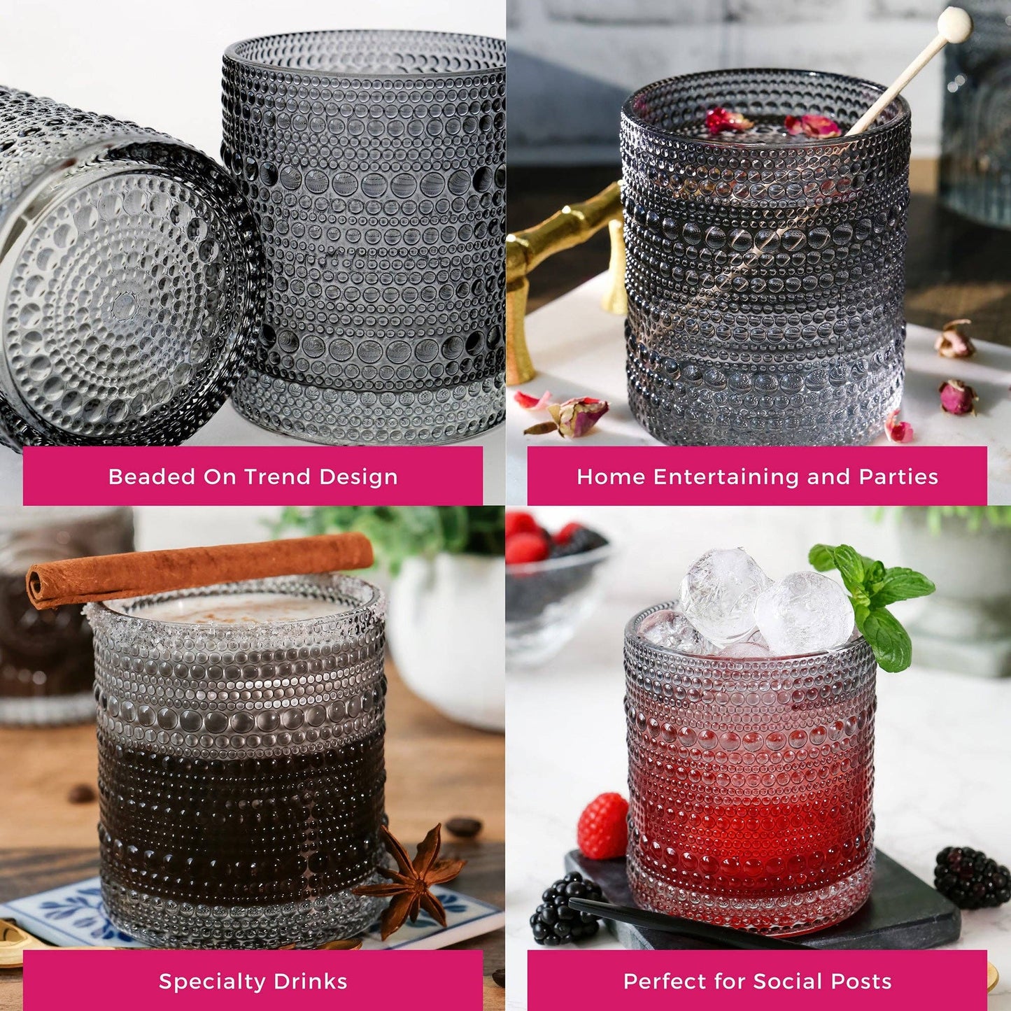 10 oz. Textured Beaded Smoke Grey Old Fashion Drinking Glasses (Set of 6) - Bria Blair Creative