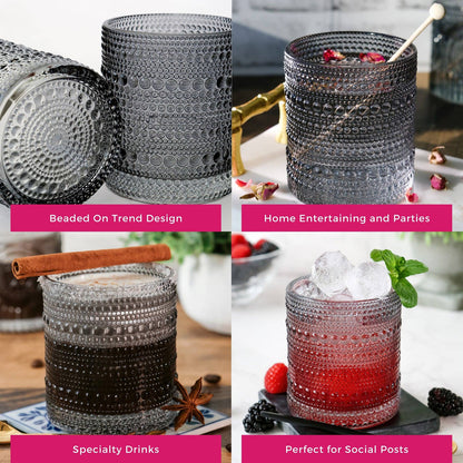 10 oz. Textured Beaded Smoke Grey Old Fashion Drinking Glasses (Set of 6) - Bria Blair Creative