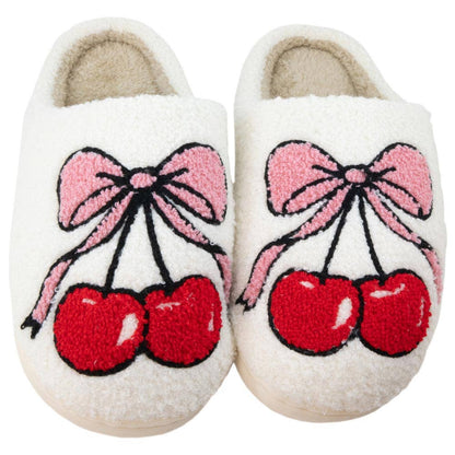 Cherry Bow Fuzzy Slippers For Women: White / M/L