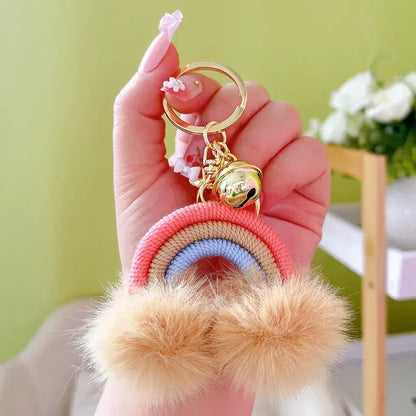 Rainbow Keychain with Fuzzy Balls: Pink