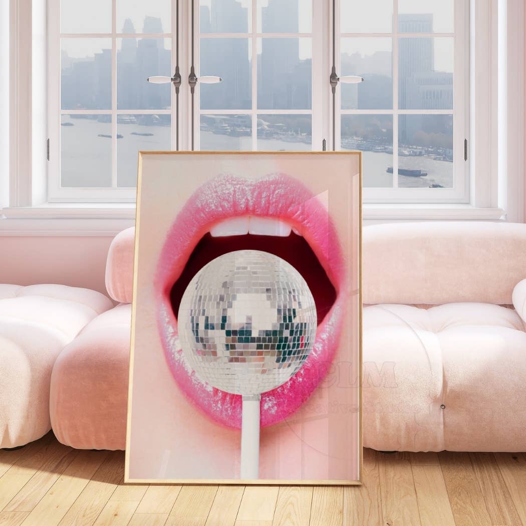 Disco Ball Lollipop Sexy Lips Hot Pink Wall Art Prints: 16"x20"