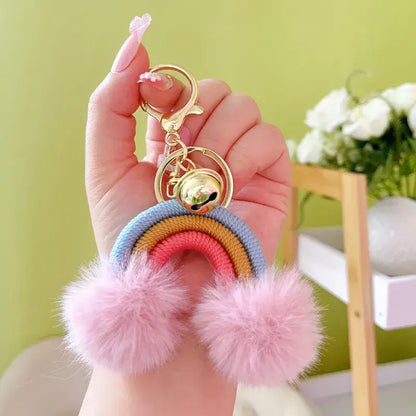 Rainbow Keychain with Fuzzy Balls: Pink