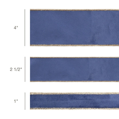 2 1/2" Reversible Classic Velvet Wired Ribbon French Blue/Gold 10yd - Bria Blair Creative
