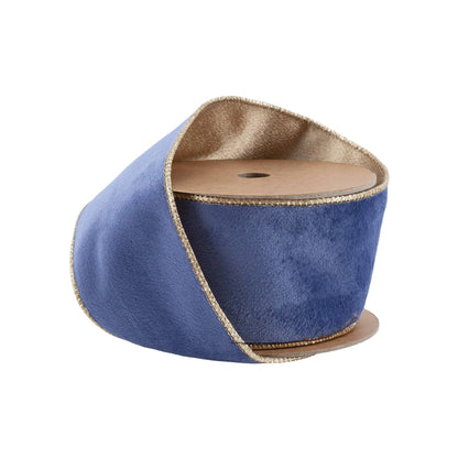2 1/2" Reversible Classic Velvet Wired Ribbon French Blue/Gold 10yd - Bria Blair Creative