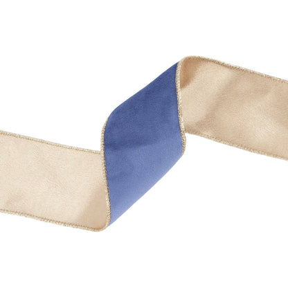 2 1/2" Reversible Classic Velvet Wired Ribbon French Blue/Gold 10yd - Bria Blair Creative