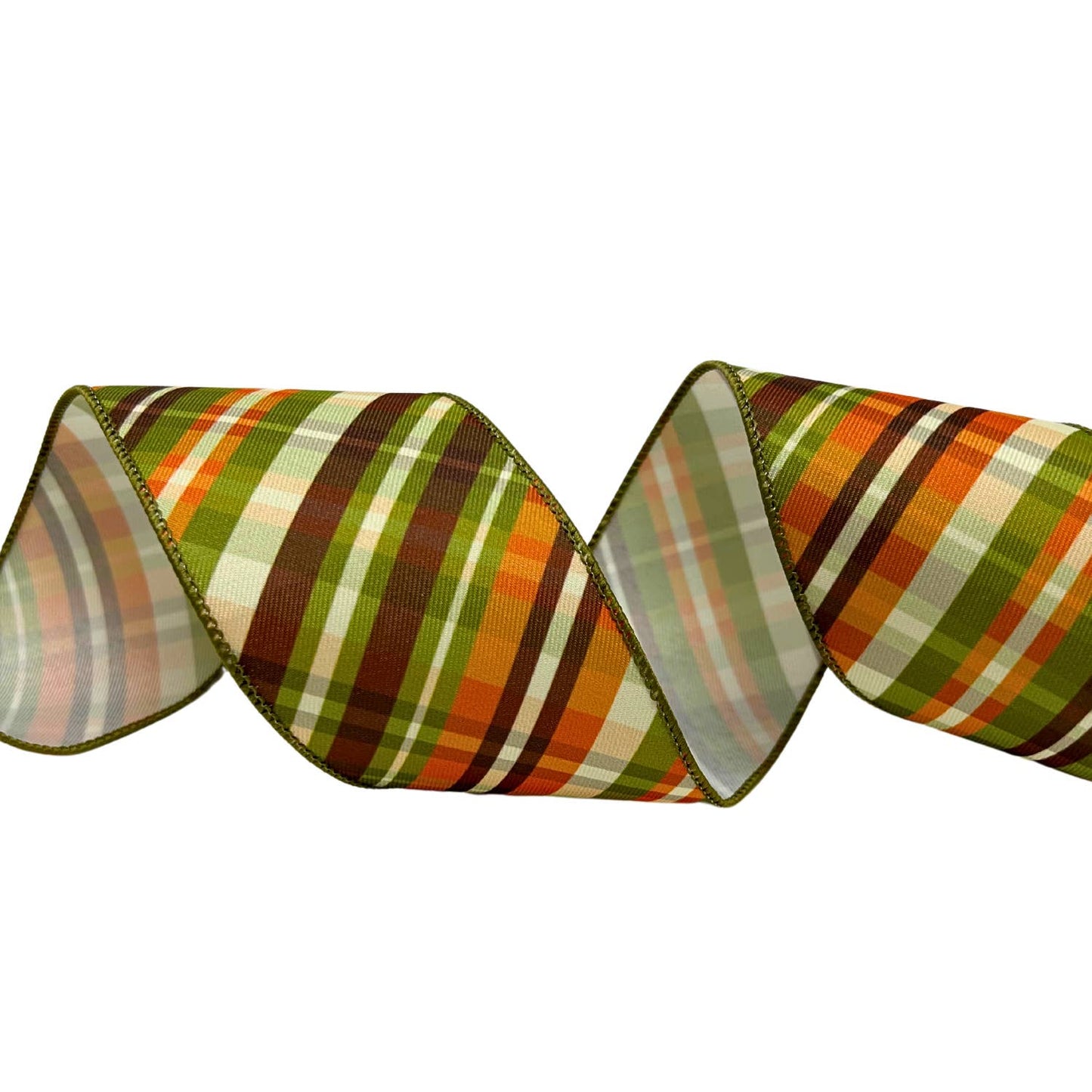 AUTUMN ROAD STRIPE PLAID RIBBON - BROWN/GREEN/ORANGE 2.5"