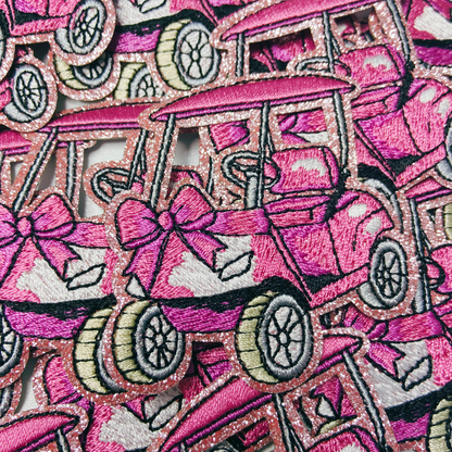 2.5” Golf Cart - Pink glittery - Embroidered Hat Patch: 4" Embroidered Patch - Bria Blair Creative