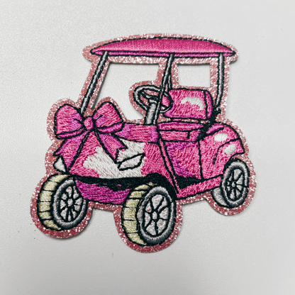 2.5” Golf Cart - Pink glittery - Embroidered Hat Patch: 4" Embroidered Patch - Bria Blair Creative