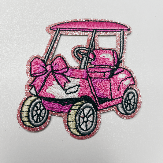 2.5” Golf Cart - Pink glittery - Embroidered Hat Patch: 4" Embroidered Patch - Bria Blair Creative