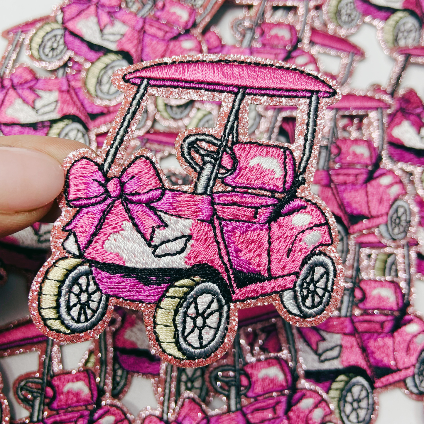 2.5” Golf Cart - Pink glittery - Embroidered Hat Patch: 4" Embroidered Patch - Bria Blair Creative