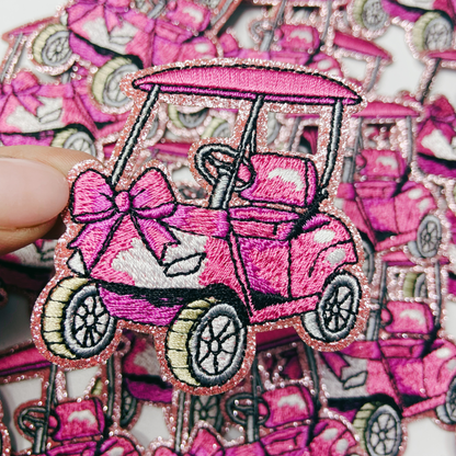 2.5” Golf Cart - Pink glittery - Embroidered Hat Patch: 4" Embroidered Patch - Bria Blair Creative