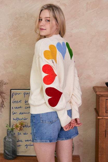 Rainbow Heart Shaped Patch Sweater: Ivory Multi / S