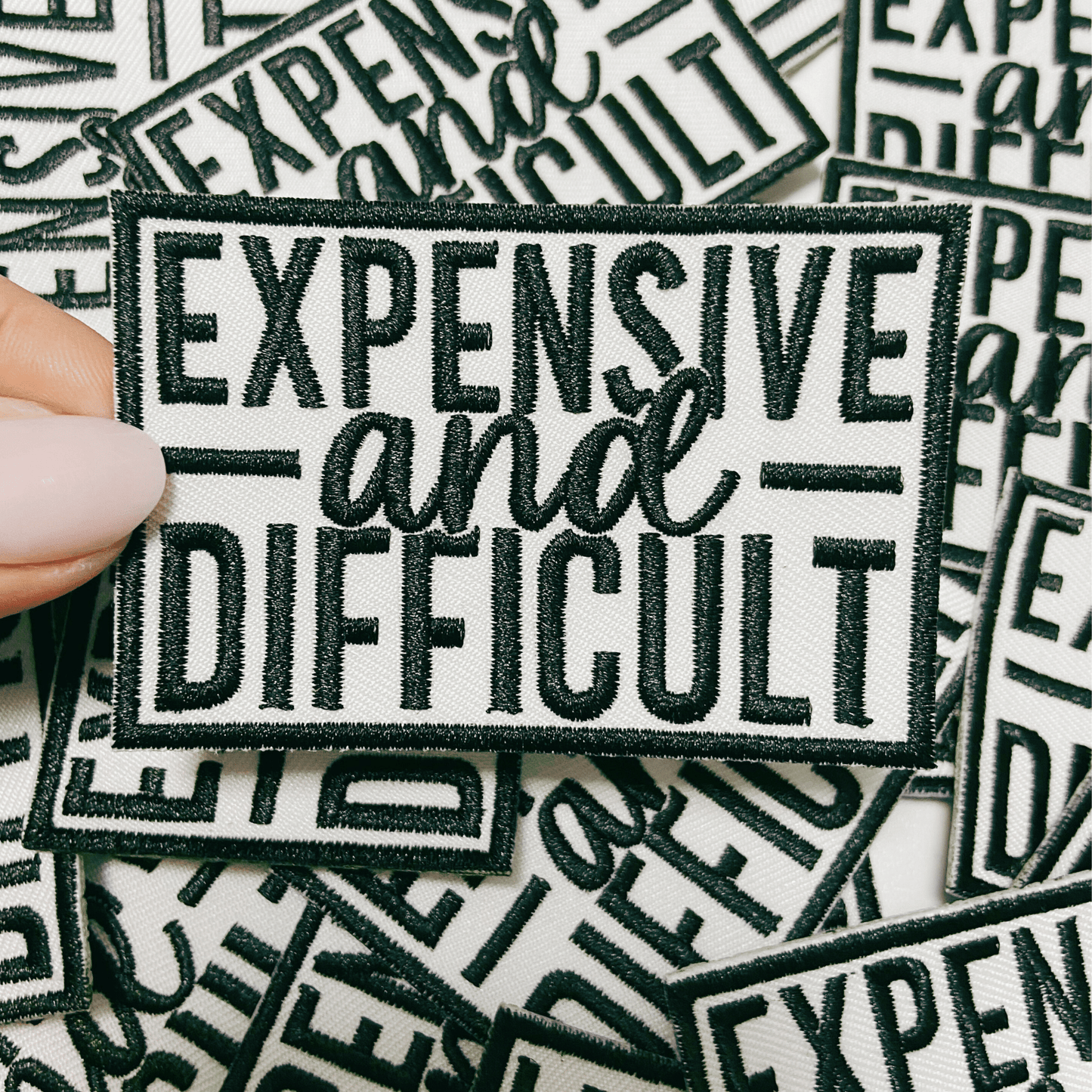 3" Expensive & Difficult in Black - Embroidered Hat Patch: BLACK - Bria Blair Creative