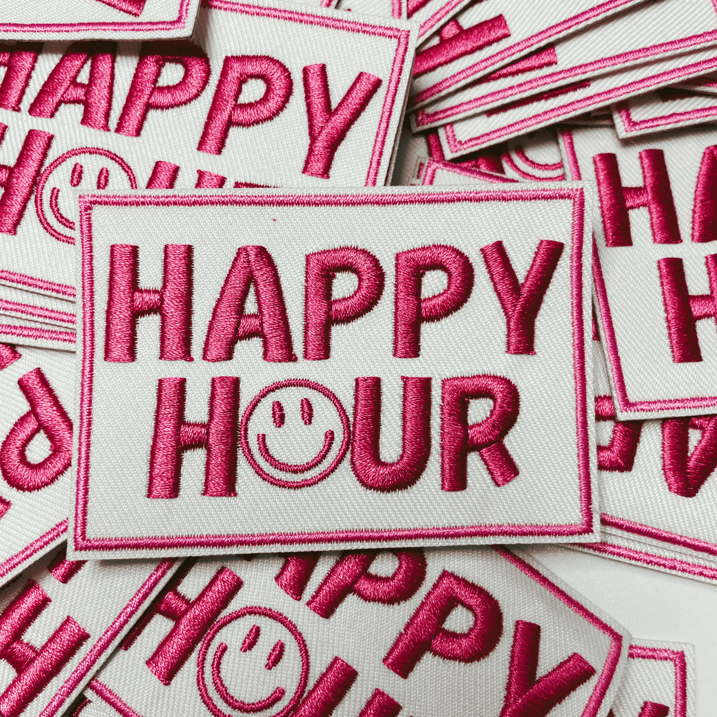 3" Happy Hour w Smiley face - Embroidered Hat Patch: QTY 1 - Bria Blair Creative