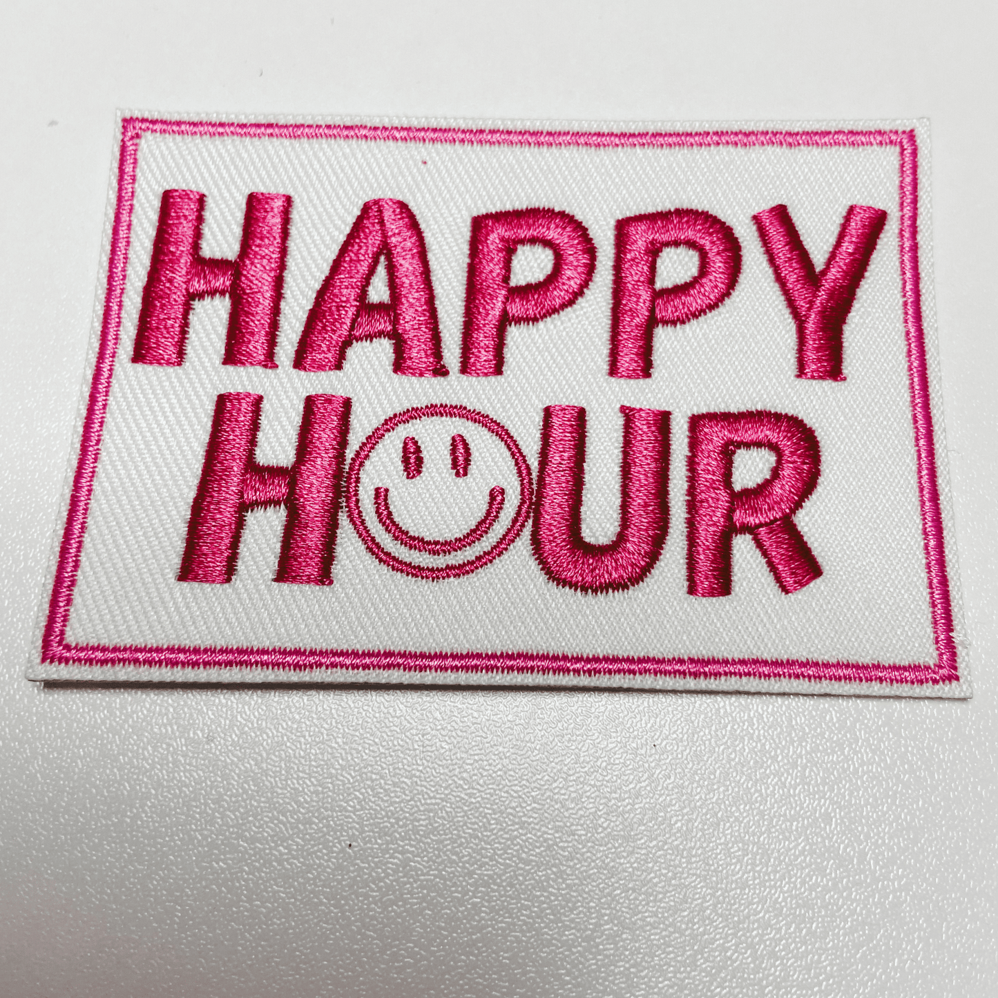 3" Happy Hour w Smiley face - Embroidered Hat Patch: QTY 1 - Bria Blair Creative