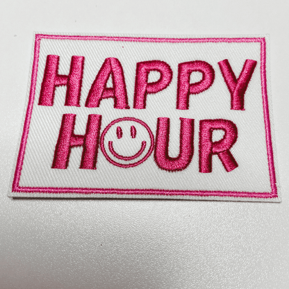 3" Happy Hour w Smiley face - Embroidered Hat Patch: QTY 1 - Bria Blair Creative