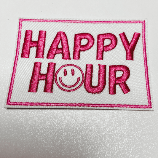 3" Happy Hour w Smiley face - Embroidered Hat Patch: QTY 1 - Bria Blair Creative