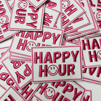 3" Happy Hour w Smiley face - Embroidered Hat Patch: QTY 1 - Bria Blair Creative