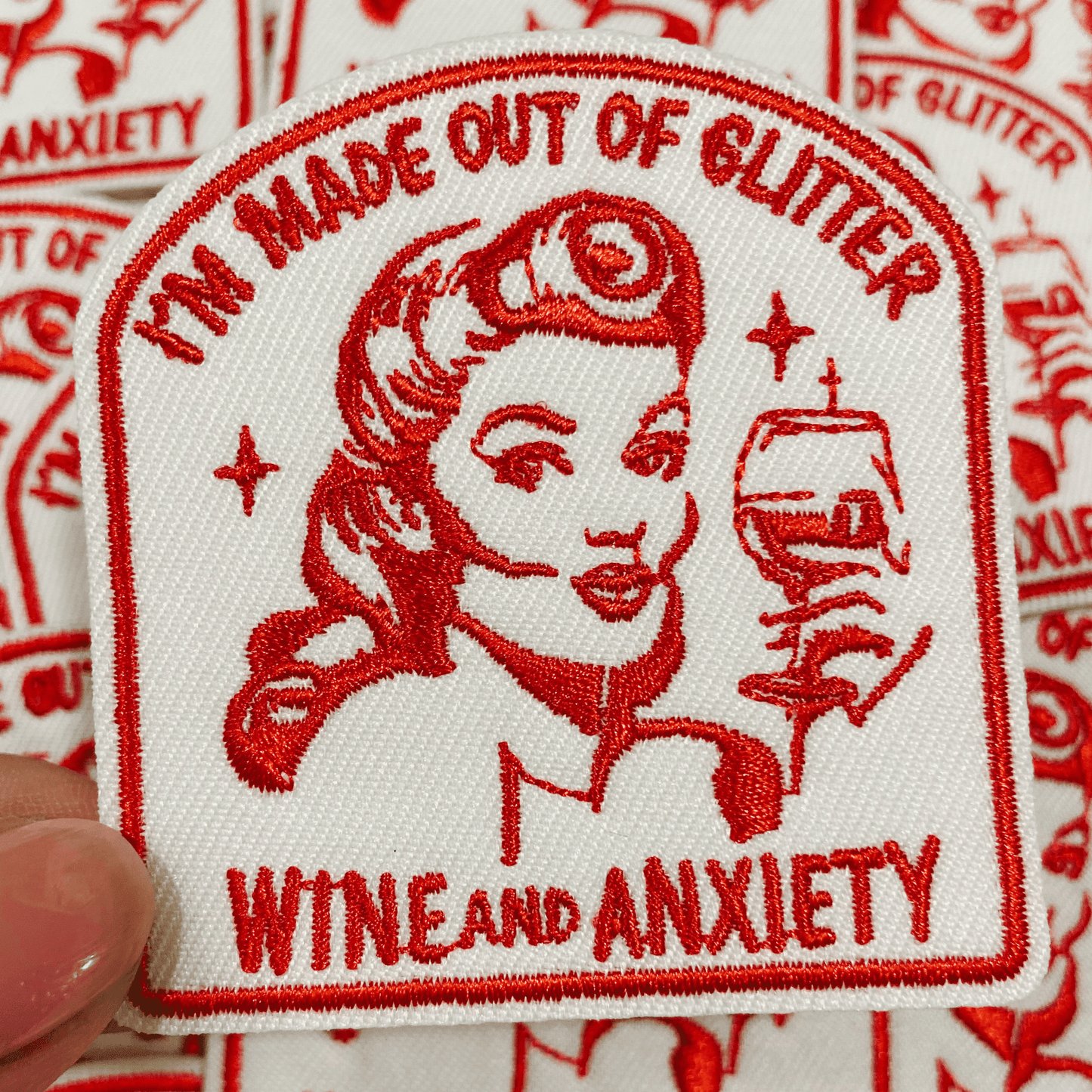 3" I'm Made Out Of Glitter Wine and Anxiety - Embroidered Hat Patch: Embroidered Patch - Bria Blair Creative