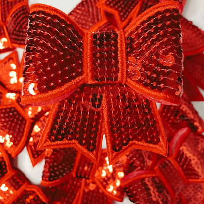 3" SEQUIN 3D Bow In RED - SEQUIN Hat Patch: Embroidered Patch - Bria Blair Creative