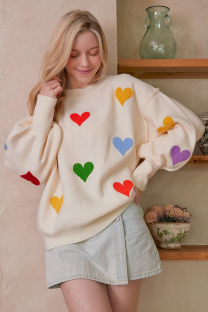 Heart Shaped Patterns Front Round Neck Sweater: Cream / L