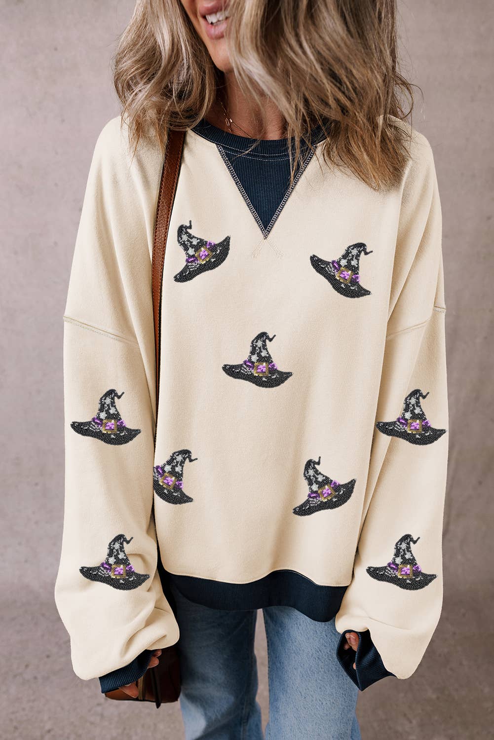 LDC Halloween Witch Hat Patched Colorblock Sweatshirt: Beige / M