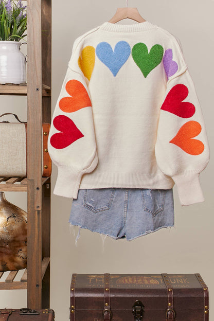 Rainbow Heart Shaped Patch Sweater: Ivory Multi / S