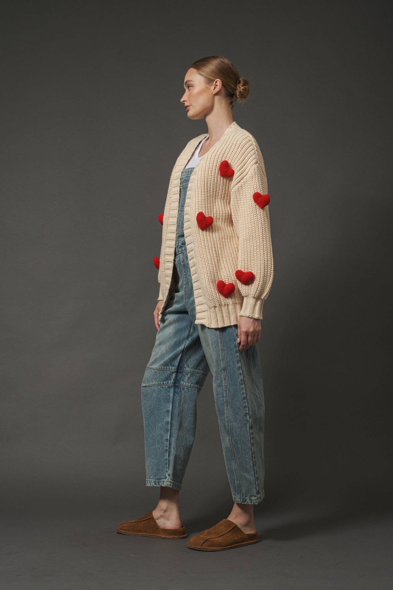 3D HEART CHUNKY CARDIGAN: BEIGE / L - Bria Blair Creative