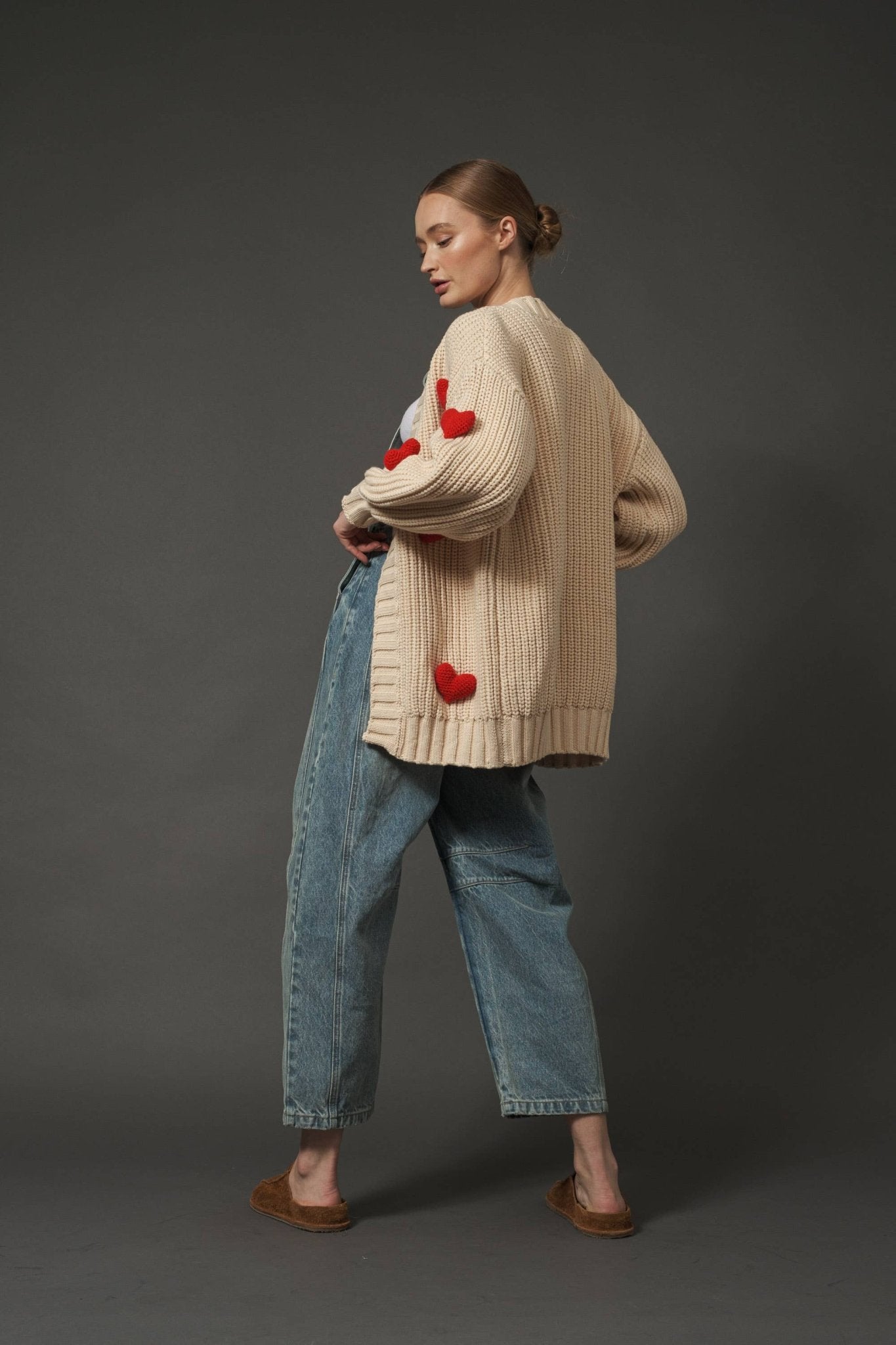 3D HEART CHUNKY CARDIGAN: BEIGE / S - Bria Blair Creative