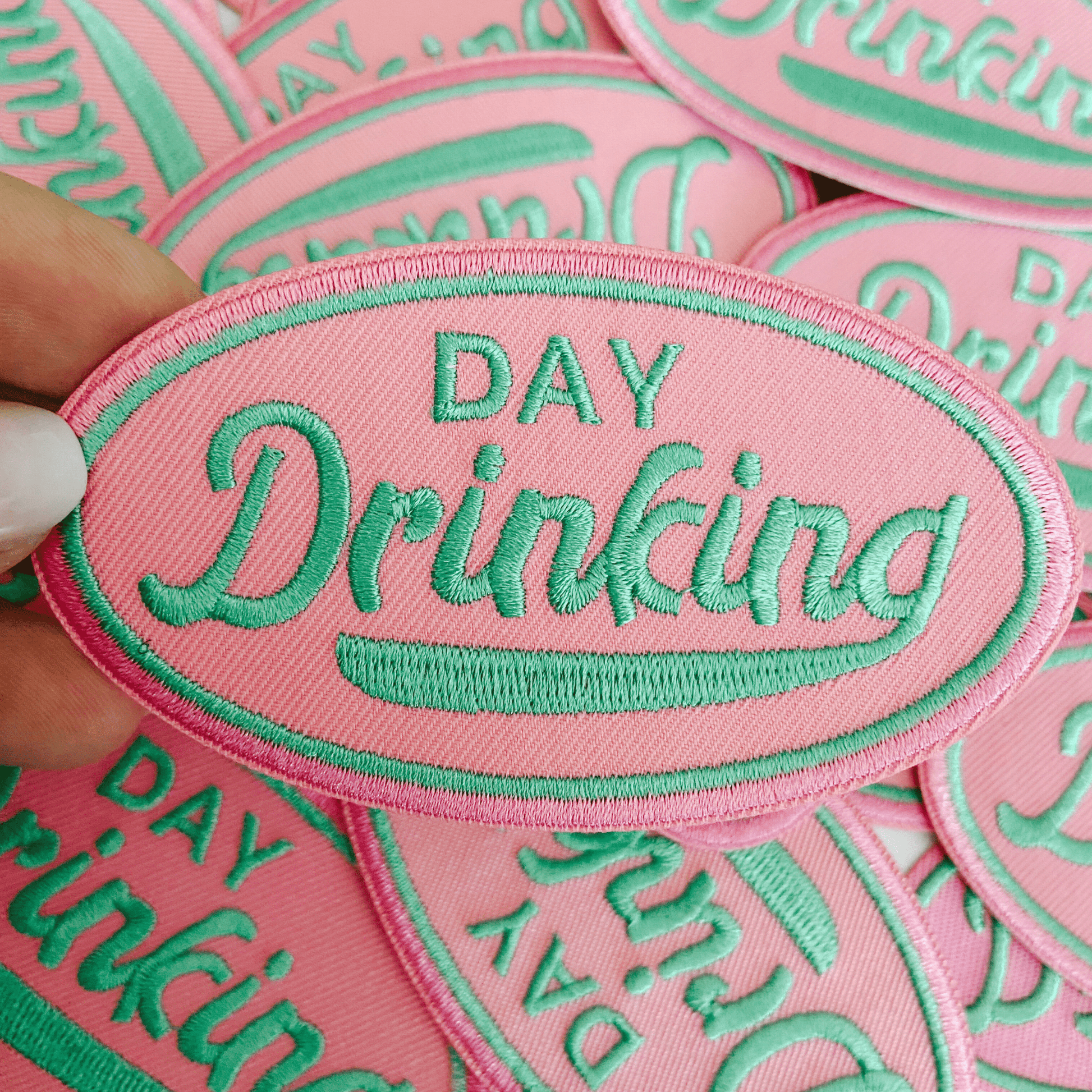4" Day Drinking in Pink and Teal - Embroidered Hat Patch (Version 2): QTY 1 - Bria Blair Creative