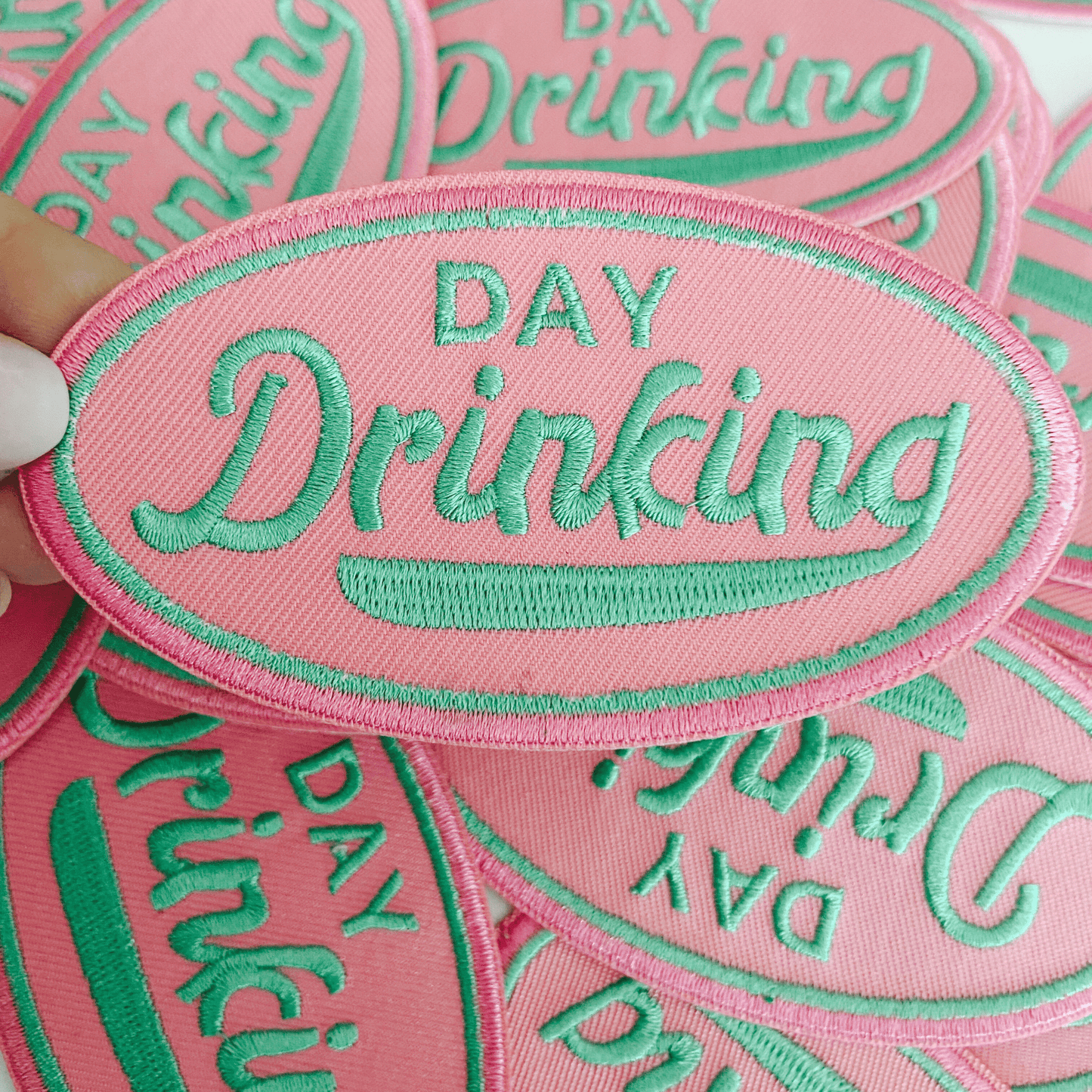 4" Day Drinking in Pink and Teal - Embroidered Hat Patch (Version 2): QTY 1 - Bria Blair Creative