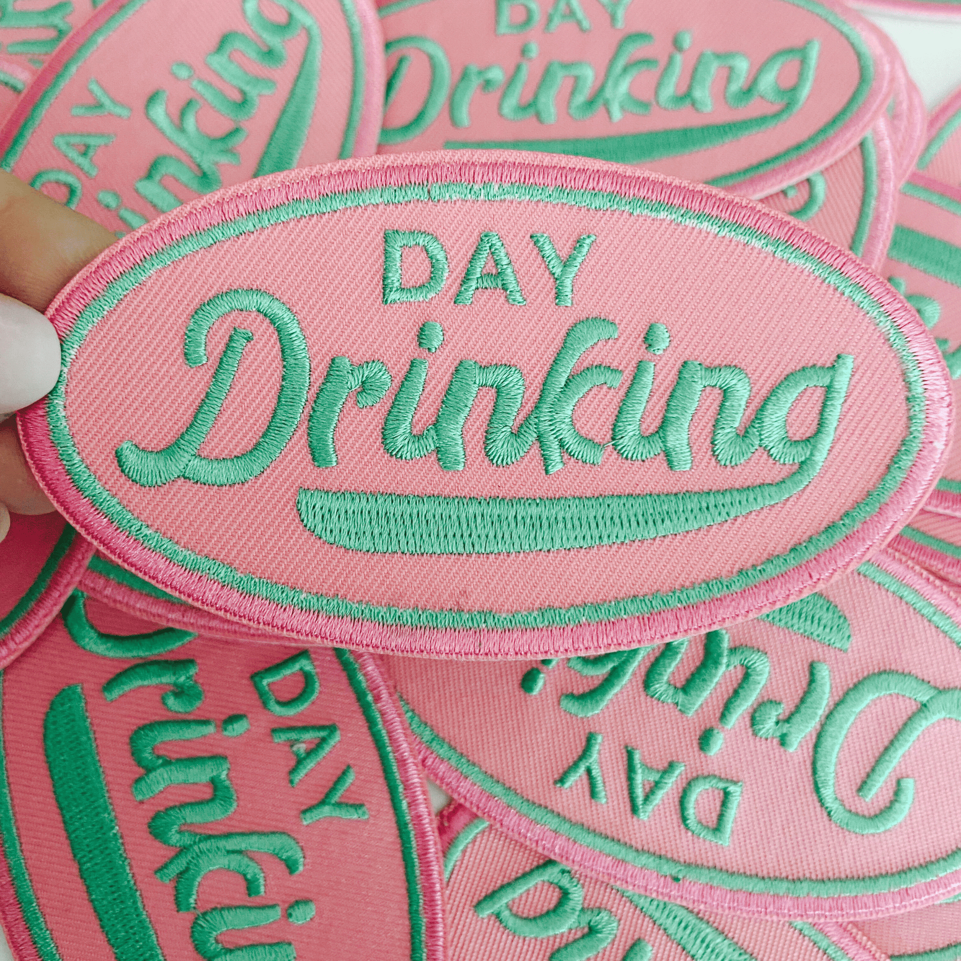 4" Day Drinking in Pink and Teal - Embroidered Hat Patch (Version 2): QTY 1 - Bria Blair Creative