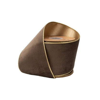4" Reversible Classic Velvet Wired Ribbon | Brown w/ Gold Shimmer Satin Backing | 10 Yard Roll - Bria Blair Creative