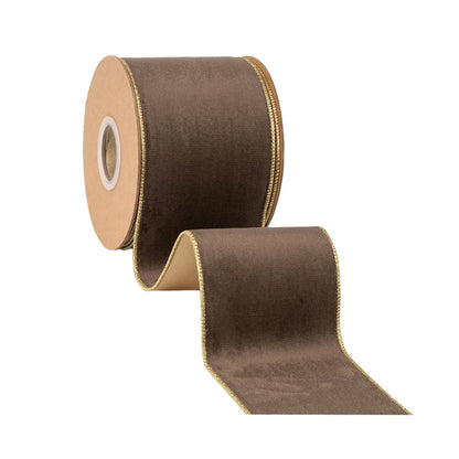 4" Reversible Classic Velvet Wired Ribbon | Brown w/ Gold Shimmer Satin Backing | 10 Yard Roll - Bria Blair Creative