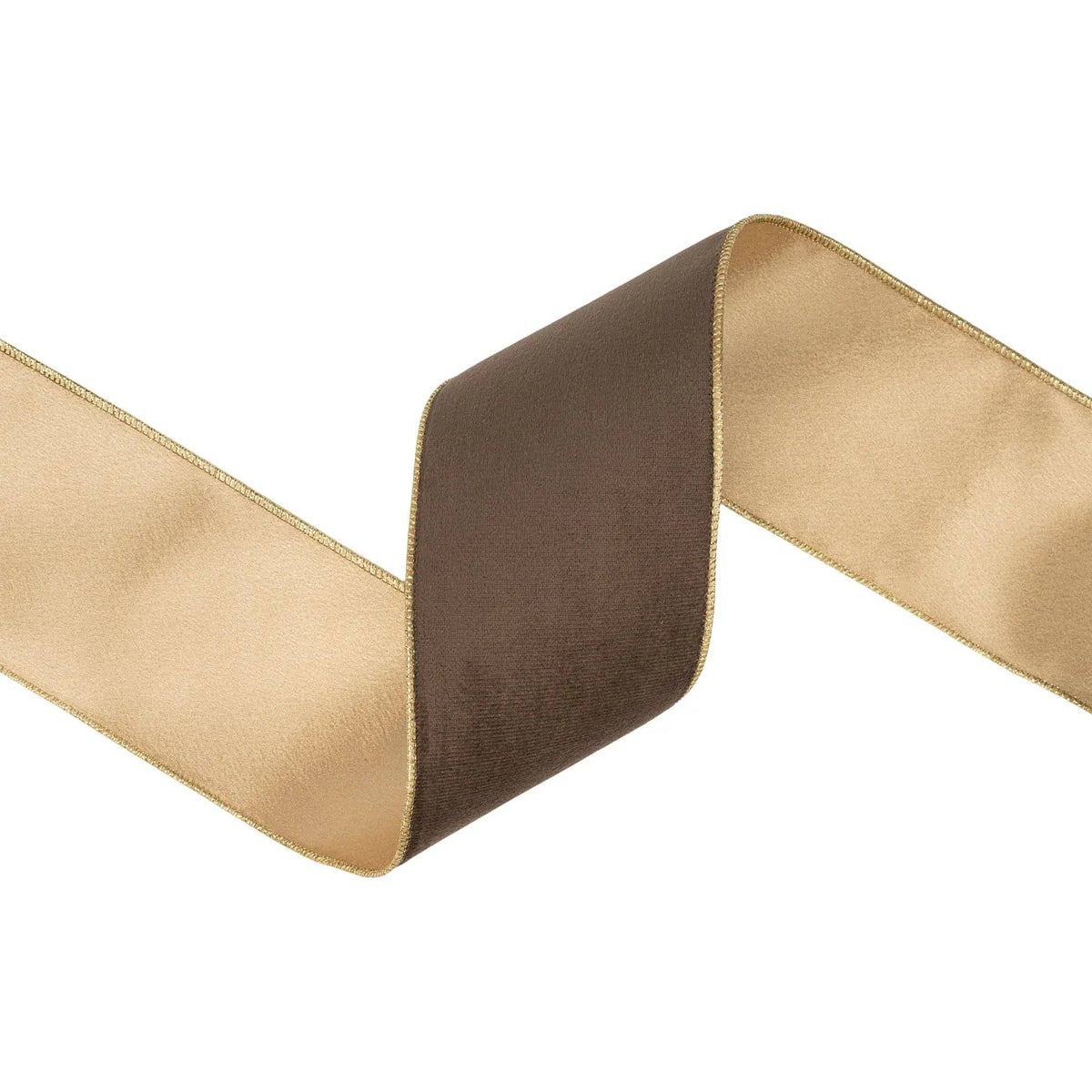 4" Reversible Classic Velvet Wired Ribbon | Brown w/ Gold Shimmer Satin Backing | 10 Yard Roll - Bria Blair Creative